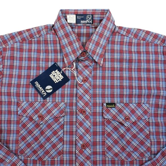 NOS Vintage 60s 70s Maverick Blue Bell Sport Shirt Button Up Plaid Mens Sz Large